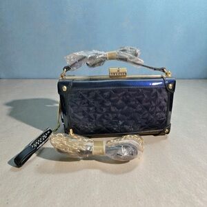 Elegant Navy Blue Patent Leather Quilted Handbag